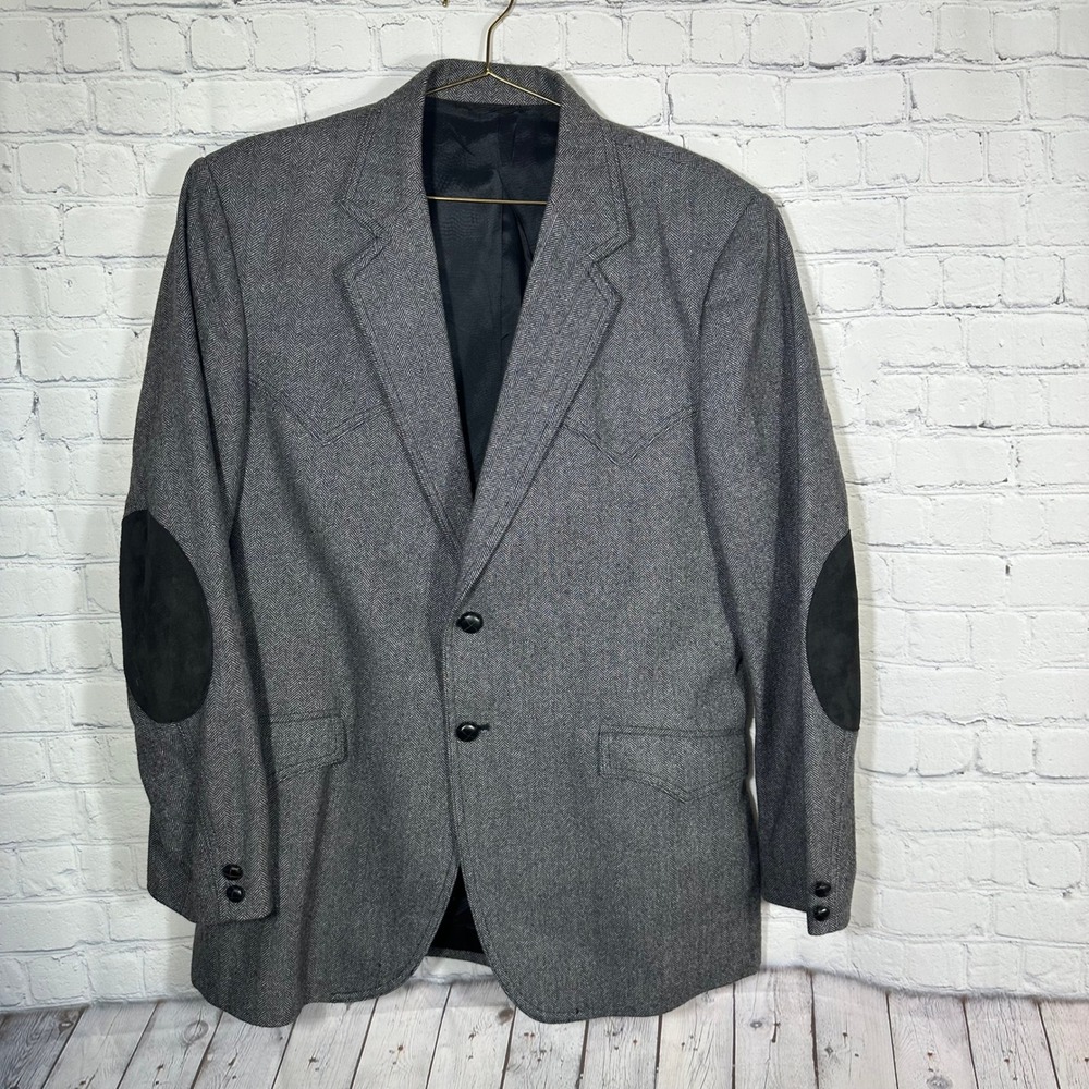 Wrangler Vintage Western Blazer Grey Herringbone Elbow Patches 44R Made in USA